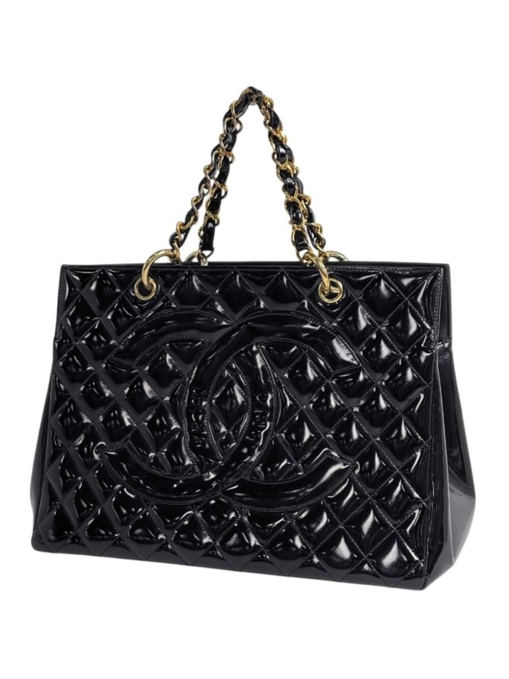 Chanel CC Logo Chain Handbag Quilted Enamel Patent Leather Black